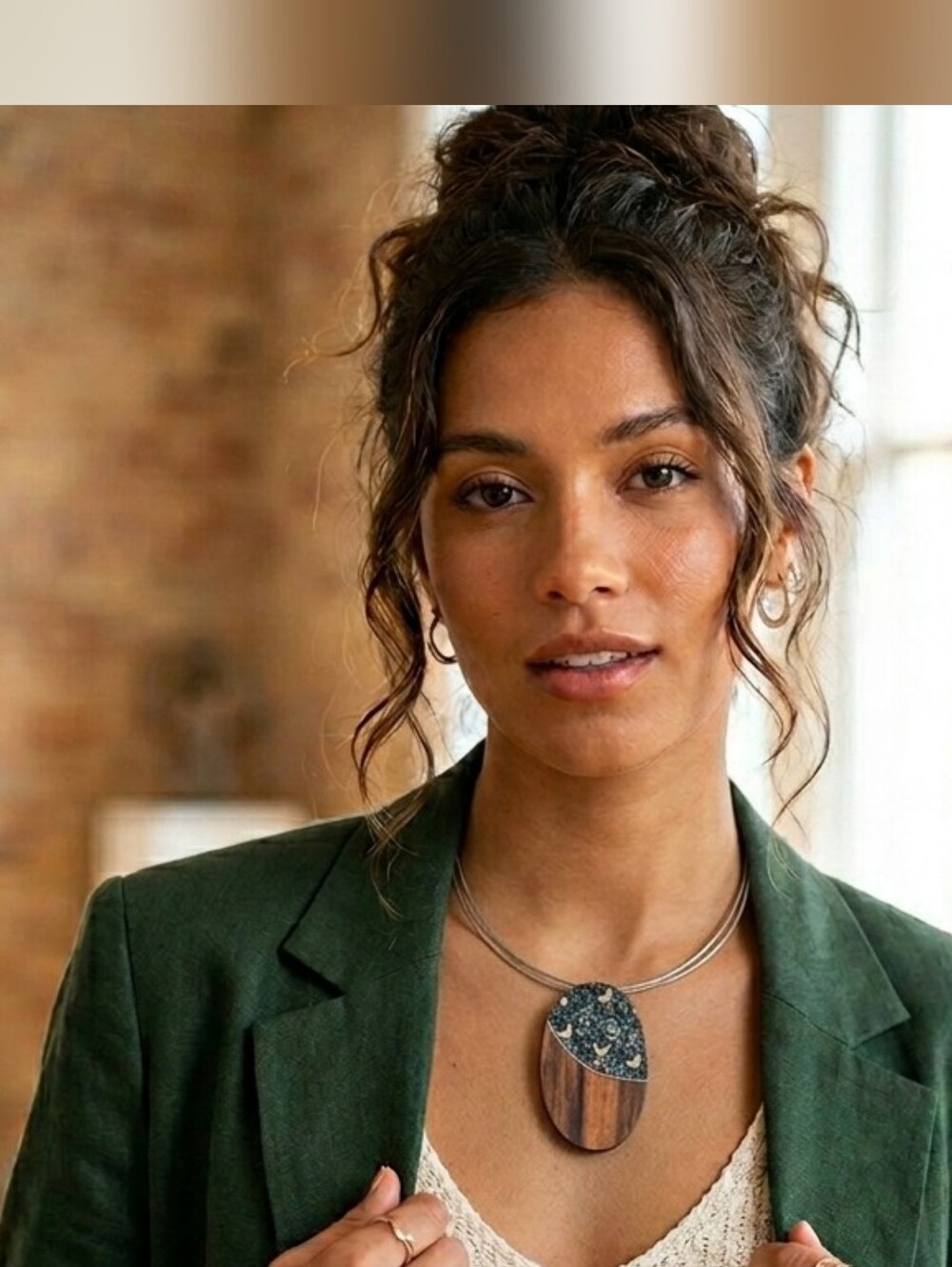 Statement Mixed-Material Pendant Necklace in Wood & Acrylic Blue Tones